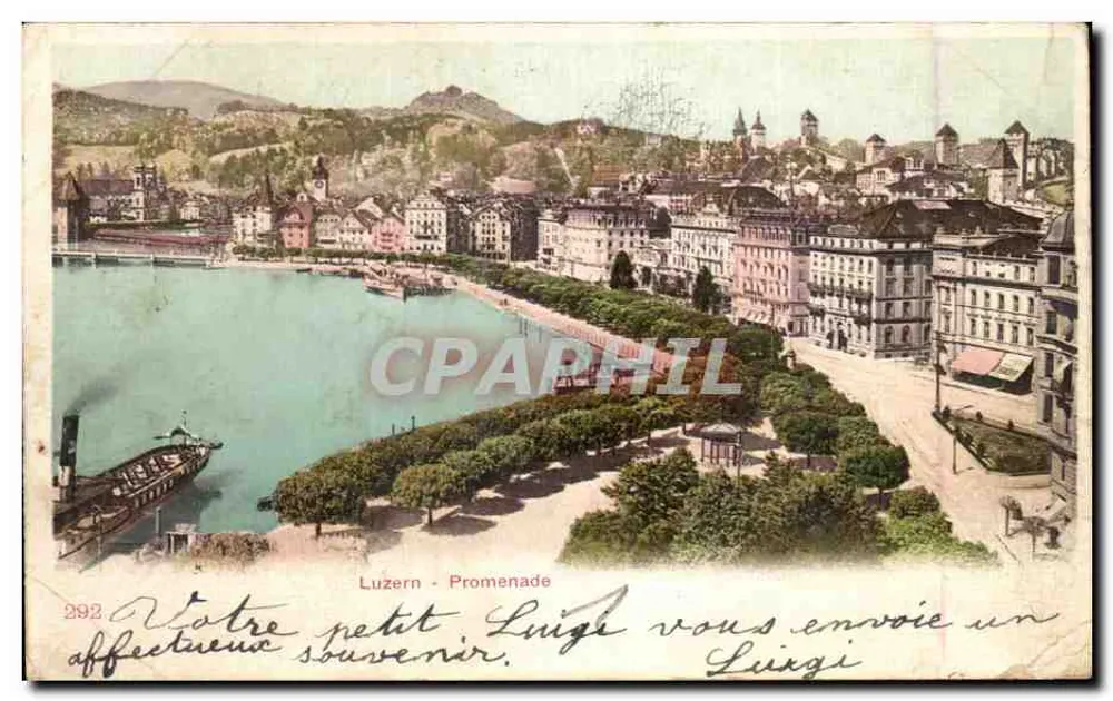 Luzern — Promenada — widok panoramiczny jeziora z łodzią i miastem — n° 292 - Awers