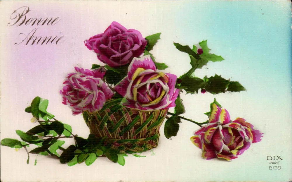 Blütenstrauß aus Rosen und Eberesche — Frohes Neues Jahr — DIX PARIS 2139 - Vorderseite