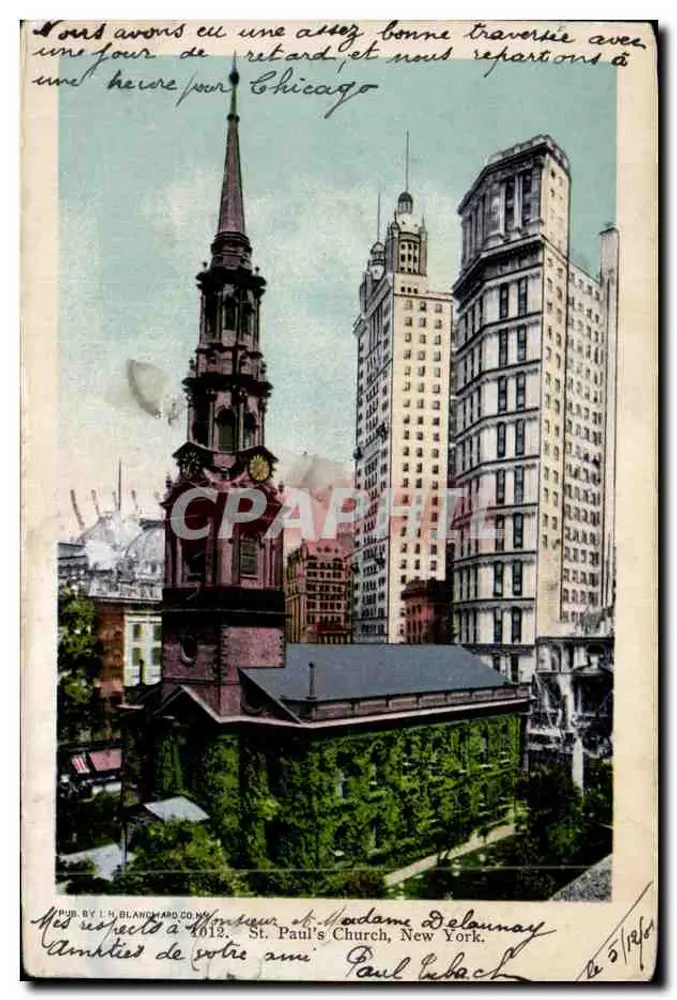 St. Paul's Church, New York — éditeur I. N. BLANCHARD CO. NY - Frente