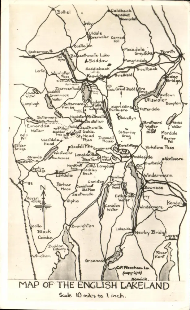 Illustrierte Ansichtskarte — Karte des englischen Lakelands — G.P. Abraham Ltd, Keswick - Vorderseite