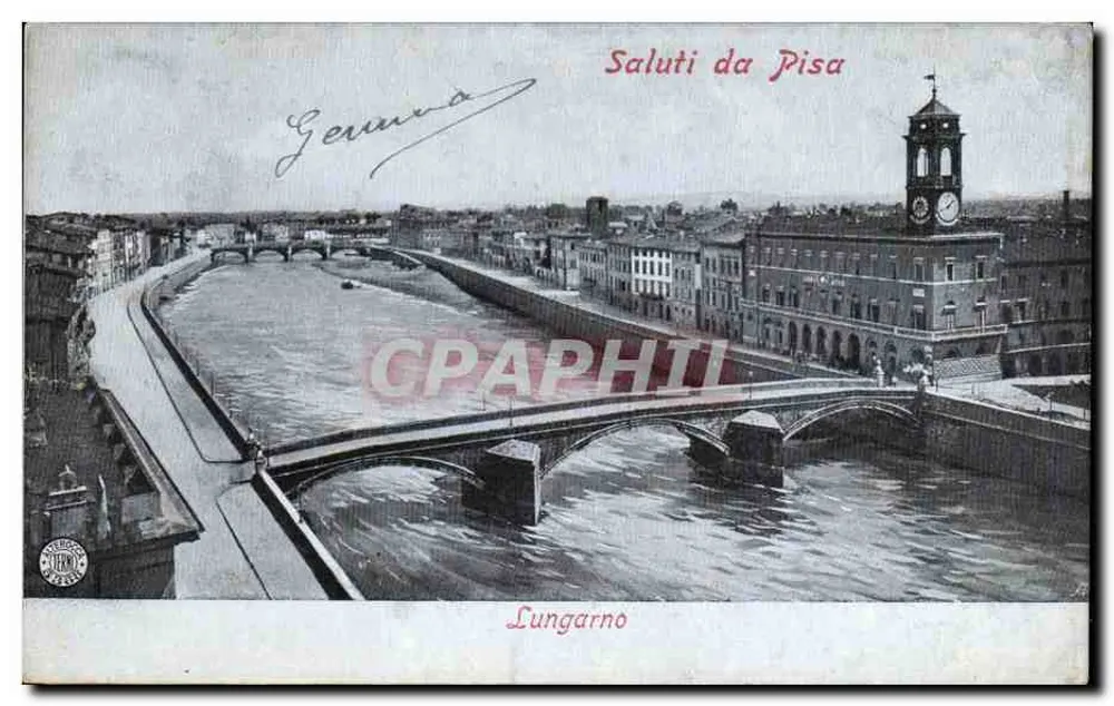 Vue do Lungarno em Pisa — com torre com sino — editor não visível - Frente