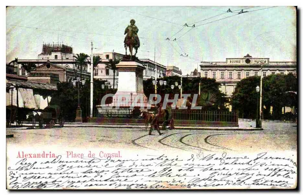 Alexandria, Place do Consul — estátua equestre, Bolsa em segundo plano — editor Rudmann & Fils, n°92 - Frente