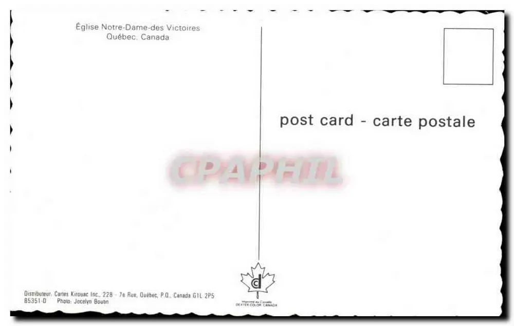 Kirche Notre-Dame-des-Victoires — Québec, Kanada — Cartes Kirouac Inc. n° 65351-D - Rückseite