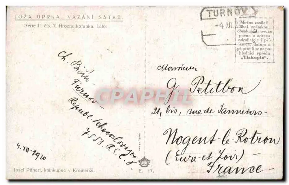 Frau im traditionellen slowakischen Kleid — ländlicher Landschaft — Verlag Iozá Uprka, Serie II, n°7 - Rückseite
