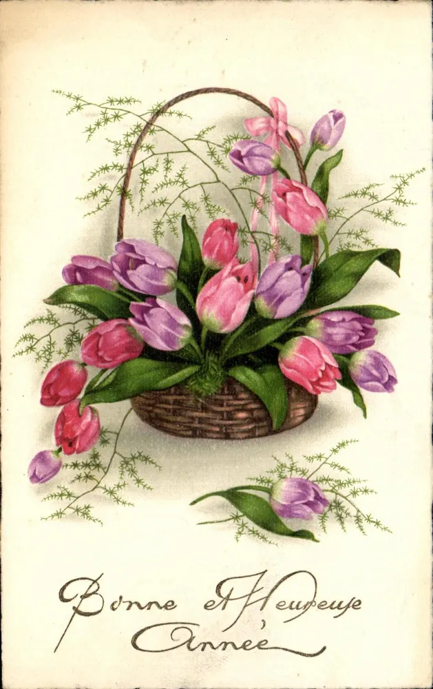 Bouquet aus rosa und violetter Tulpen — Frohe Neujahr — unbekannter Verleger, Seriennummer nicht sichtbar - Vorderseite