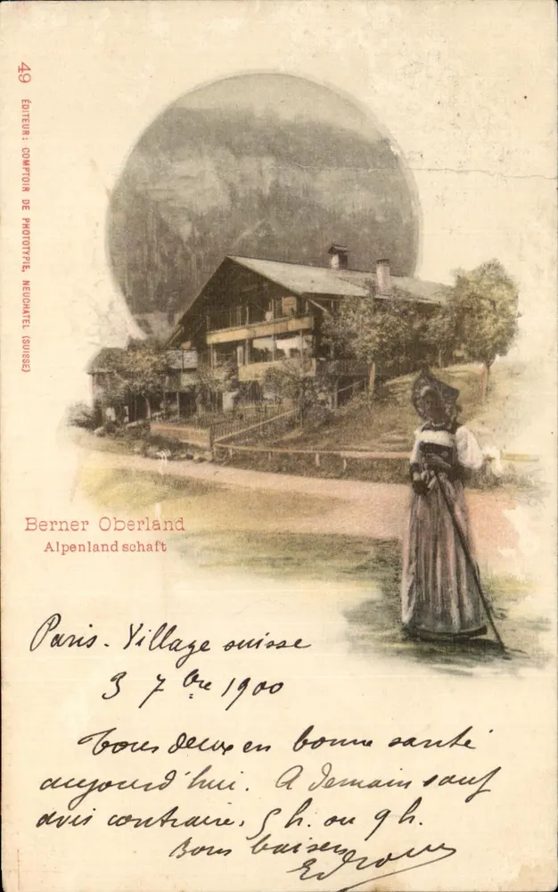 Berner Oberland — Schweizer Dorf mit Frau im traditionellen Kleid — Verlag: Comptoir de Phototype Neuchâtel (Schweiz) n°49 - Vorderseite