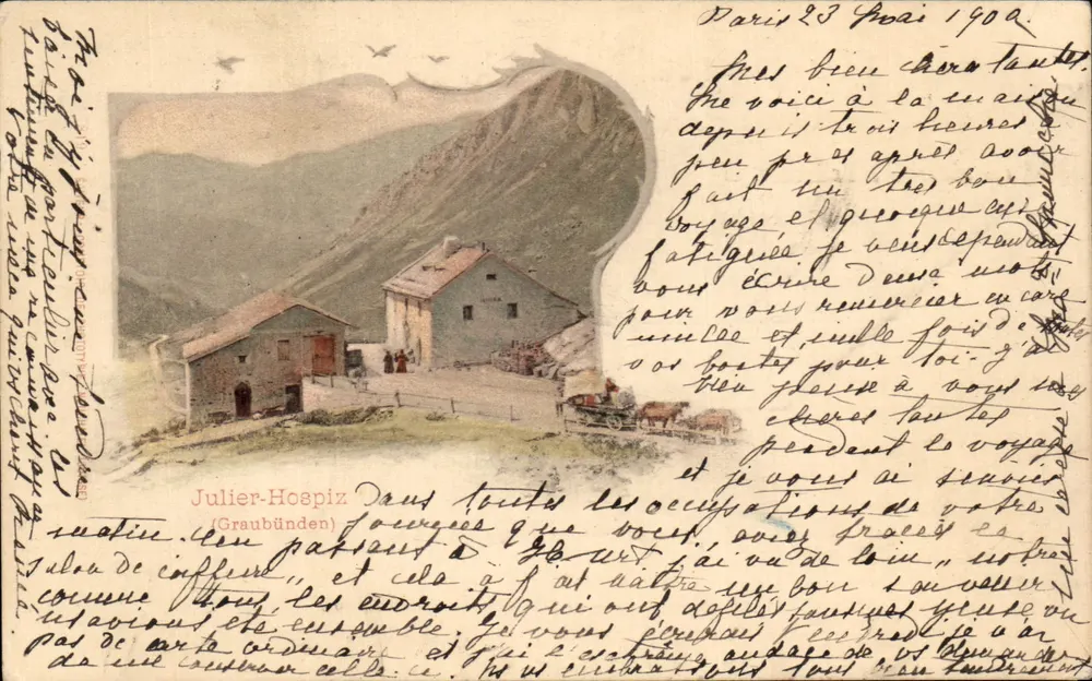 Julier-Hospiz (Graubünden) — vue de montagne avec bâtiments — éditeur non identifié, n° de série non visible - Recto