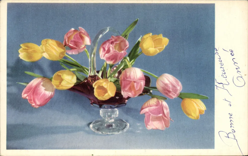 Rosa und gelbe Tulpen — Blumenstrauß in einem Glasvasen — Verleger nicht sichtbar - Vorderseite