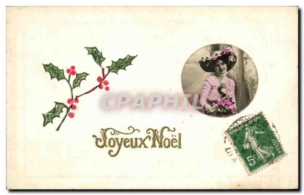 Frau in einem rosa Kleid und blumigem Hut — Frohe Weihnachten — Verlag nicht sichtbar - Vorderseite