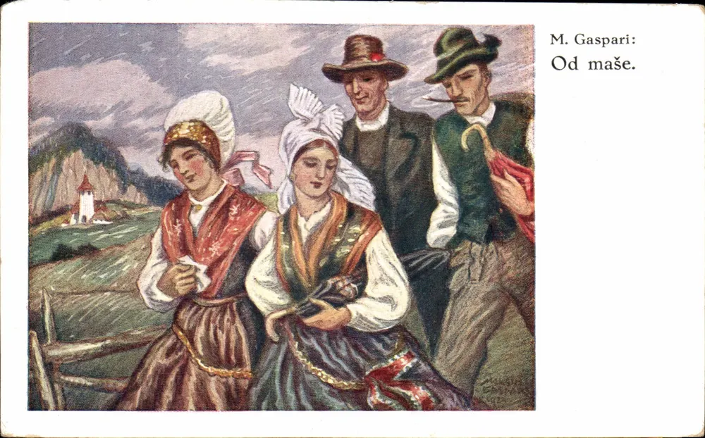 Cena de aldeia — três pessoas em traje tradicional — M. Gaspari, Od maše. - Frente