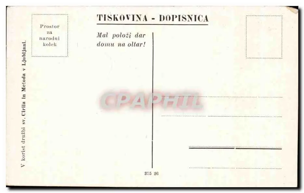 Cena de aldeia — três pessoas em traje tradicional — M. Gaspari, Od maše. - Verso