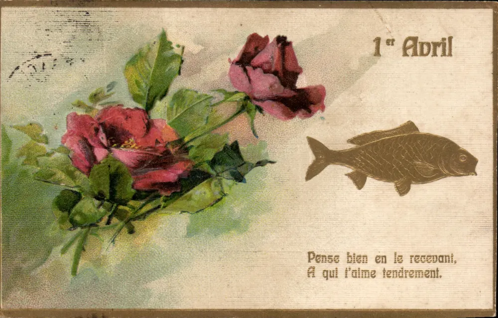 Roses et poisson — carte d'April avec texte humoristique — éditeur P.A.F. série 7756 - Vorderseite