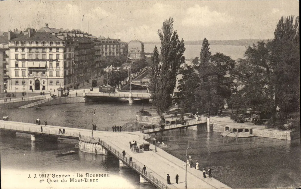 Genf - Insel Rousseau und Quai du Mont-Blanc — J. J. 9512 — Julien frères, Phot. Verleger Genf - Vorderseite