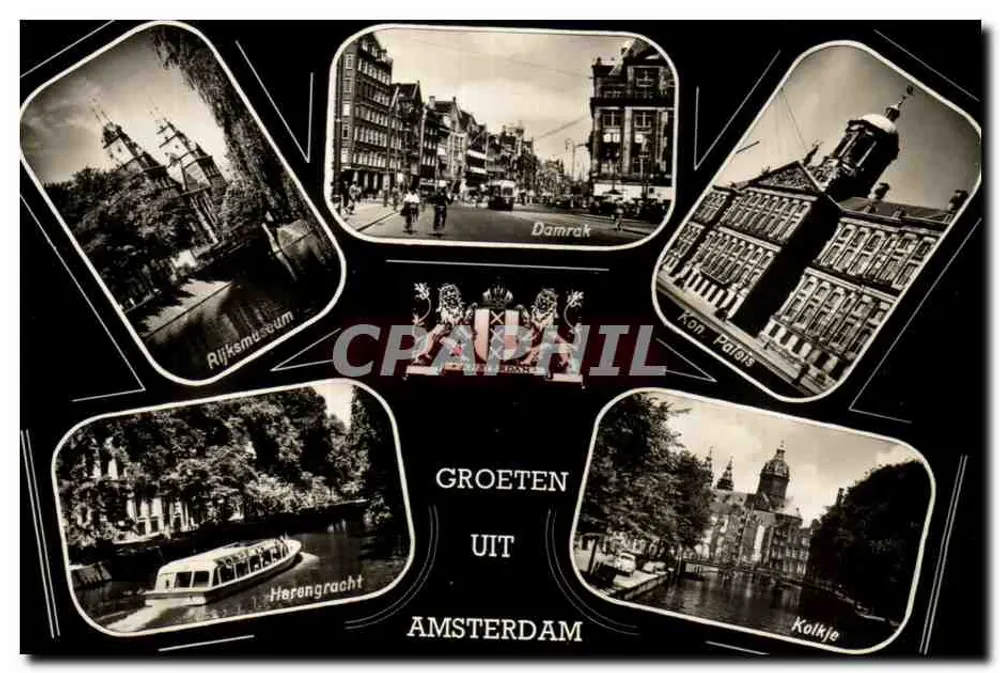 Amsterdam — Vista panorâmica com Rijksmuseum, Damrak, Koninklijk Paleis, Herengracht e Kolkje — éditeur inconnu, n° de série non visible - Frente