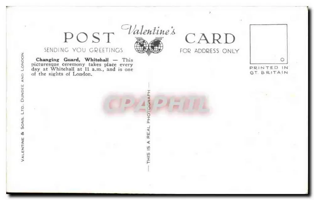 Der Wachwechsel, Whitehall, London — Valentine & Sons Ltd, Nr. 72306 - Rückseite