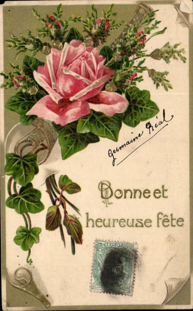 Rose und Blätter — Weihnachtskarte mit blauem Stempel und Unterschrift 'Germaine Rial' — Verlag 'Germaine Rial' n° 13754 - Vorderseite