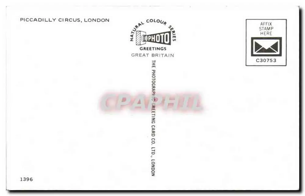 Piccadilly Circus, Londres — vista animada com ônibus vermelhos e placas publicitárias — The Photographic Greeting Card Co. Ltd., Londres, n° 1396 - Verso