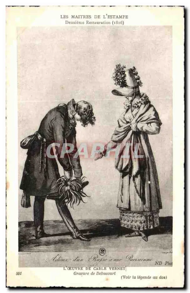 Abschied eines Russen von einer Pariserin — Zweite Restauration (1816) — Kupferstich von Debucourt - Vorderseite