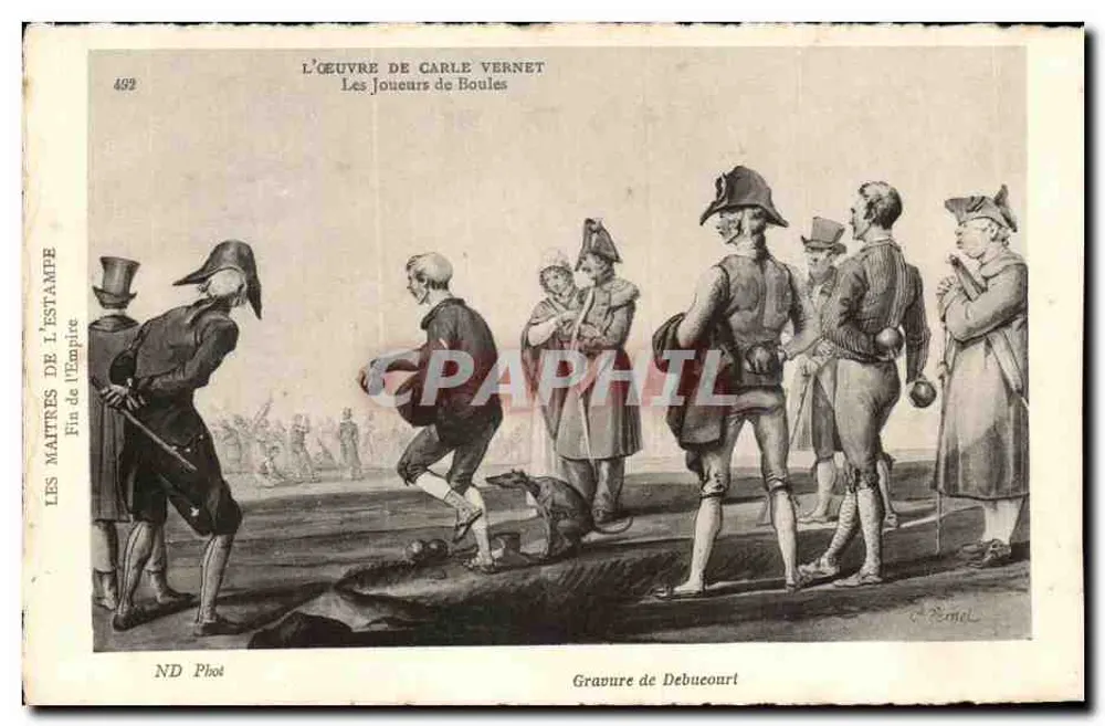 Boules-Spieler — Das Werk von Carle Vernet — Kupferstich von Debuecourt - Vorderseite