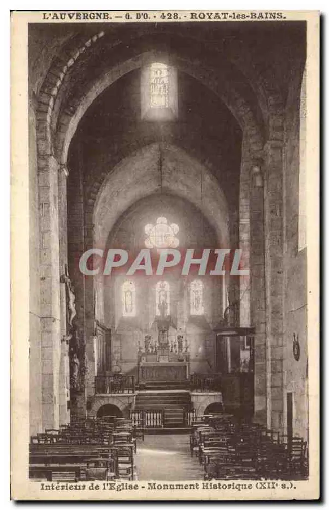 Innenansicht der Kirche - Historisches Denkmal (12. Jahrhundert) — Royat-les-Bains, Auvergne — G. D'O., Nr. 428 - Vorderseite
