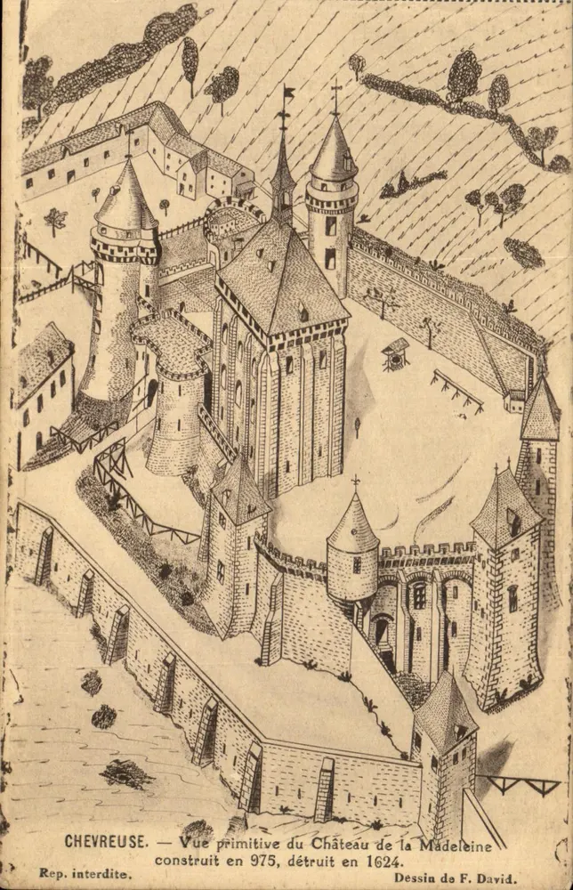 Chevreuse — Ursprüngliche Ansicht des Schlosses de la Madeleine — Zeichnung von F. David - Vorderseite