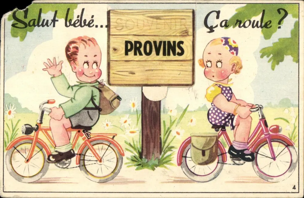 Deux enfants à vélo — devant un panneau 'PROVINS' — Souvenir Provincien n°4 - Vorderseite