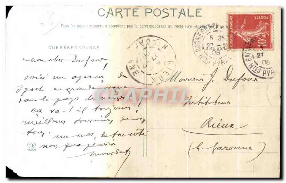 Ski-Wettkampf in Payolle, nahe Bagnères-de-Bigorre (2. Februar 1908) — Ankunft eines Skifahrers — Phototypie Labouche Frères Toulouse - Rückseite