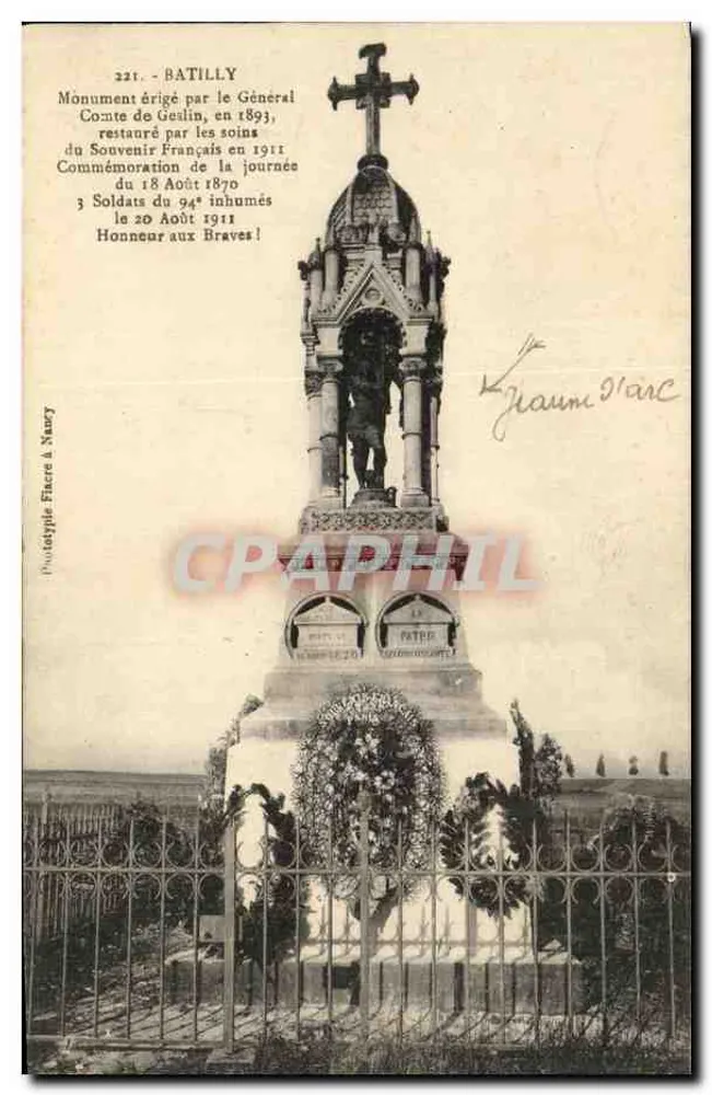 Bâtilly — Monument aux morts eretto dal Generale Conte de Geslin nel 1893, restaurato nel 1911 — Fototipia Fiacre & Nauy - Recto