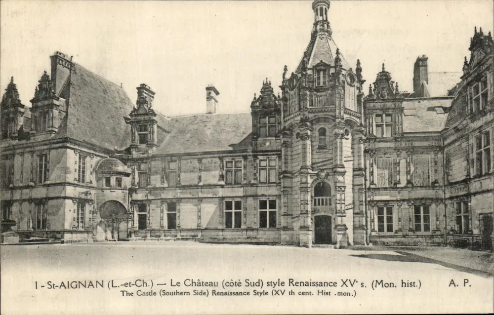 St-AIGNAN (L.-et-Ch.) — O Castelo (lado Sul) estilo Renascentista XV°s. (Mon. hist.) — A. P. - Frente