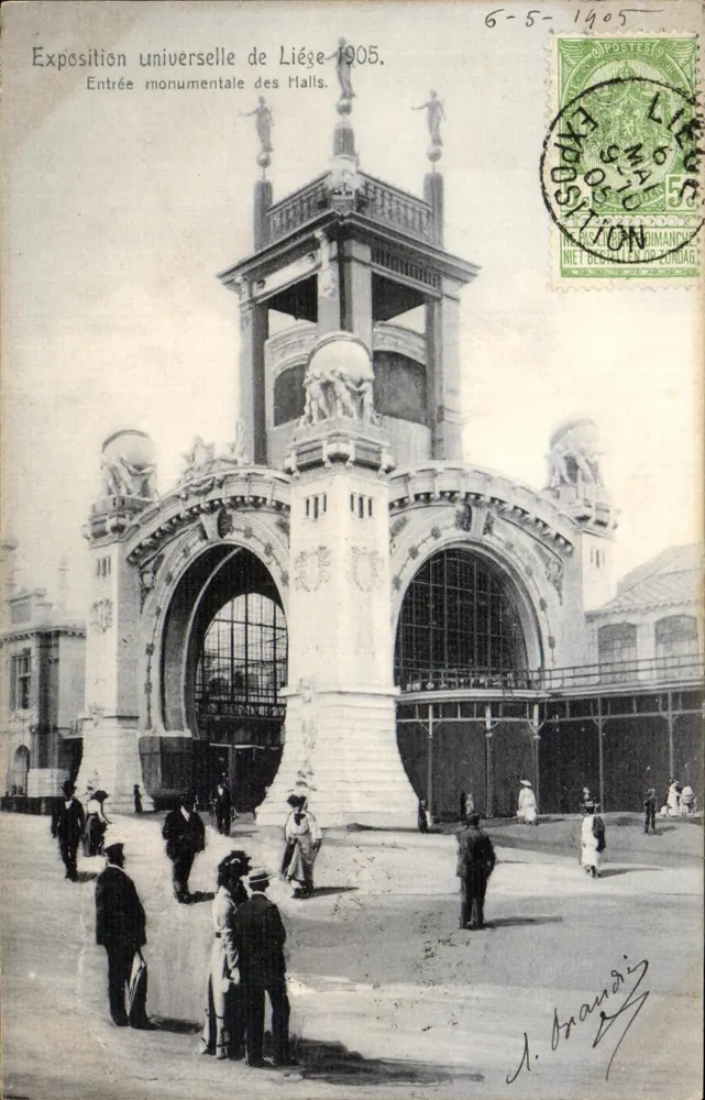 Entrada monumental de los Halls — Exposición universal de Lieja 1905 — A. Brandi - Anverso