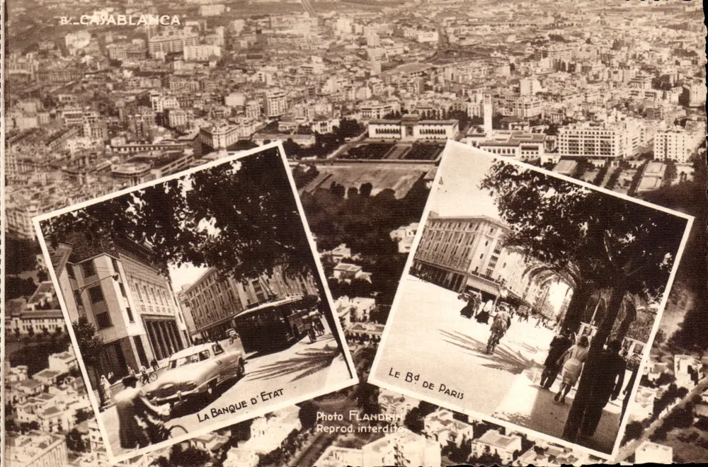 Casablanca — Luftbild mit zwei Vignetten: Die Staatsbank und der Boulevard de Paris — Photo Flandrin - Vorderseite
