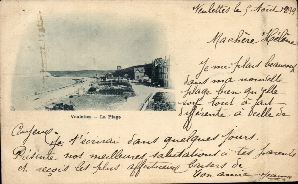 Veuillettes - La Plage — vue de la côte avec bâtiments et plage — éditeur non visible, n° de série non lisible - Frente