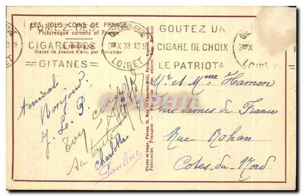 Estátua equestre de Joana d'Arc — Patras — Editor Patras, n° 500 - Verso