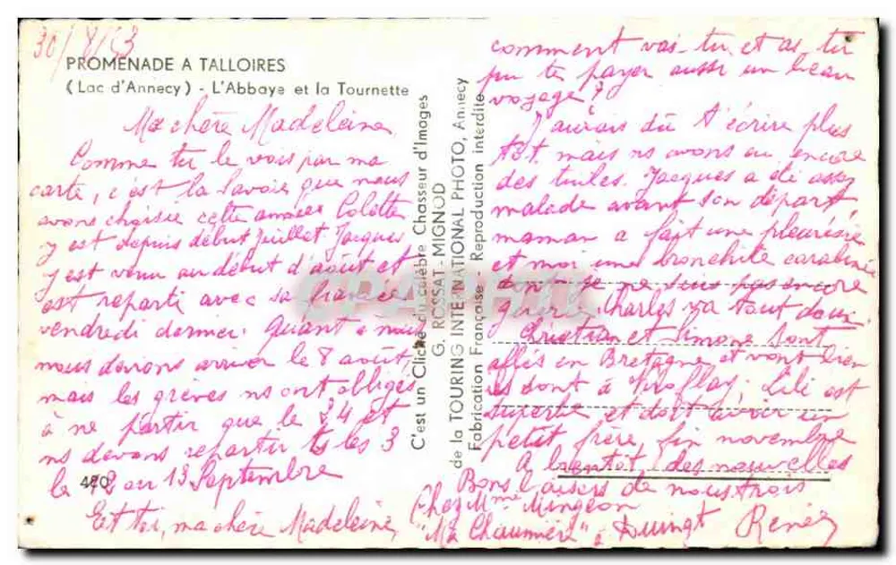 Spaziergang in Talloires — See Annecy und das Kloster — Verlag G. ROSSAT - Nr. 470 - Rückseite