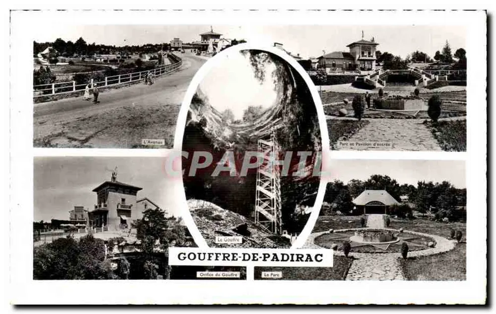 Gouffre-de-Padirac — Vista panorâmica do local com a avenida, o parque, o pavilhão de entrada e o escritório — Editor ARTAUD Frères et Fils, Nantes - Frente