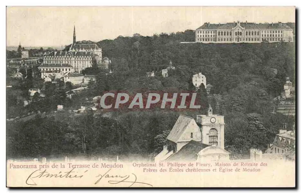 Panorama tirado da Terrasse de Meudon — Orphelinat St. Philippe de Fleury, Maison de Retraite des Frères des Écoles chrétiennes e Église de Meudon — Edição Trianon, No. 1383 - Frente