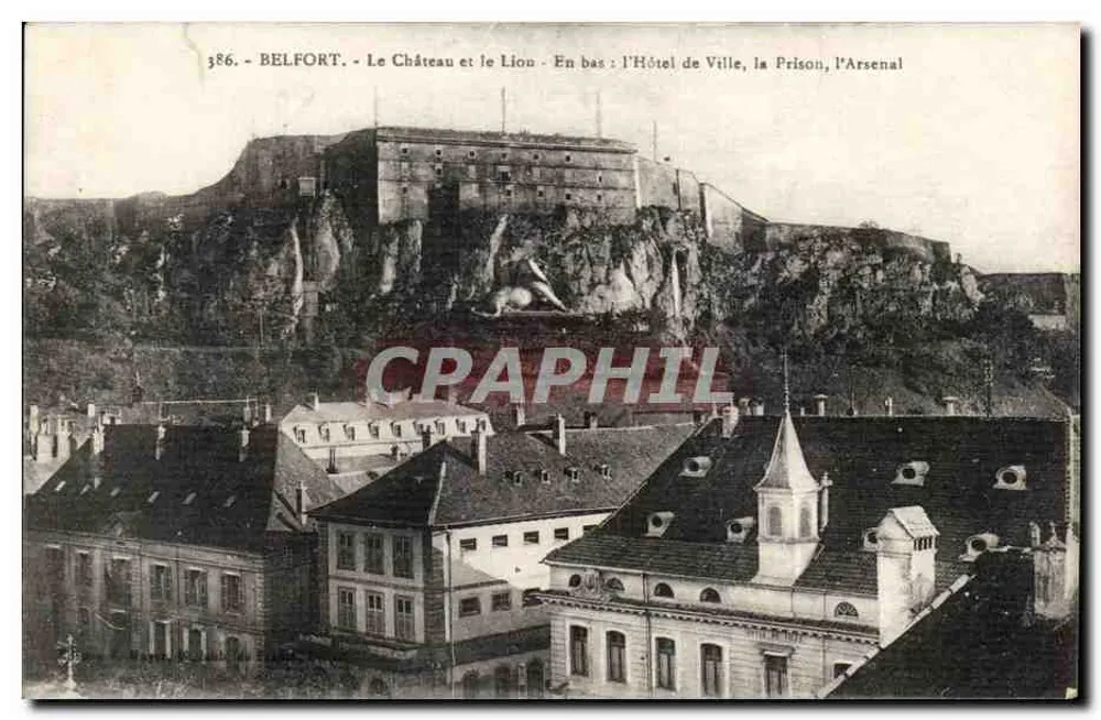Belfort - Schloss und Löwe - Unten: Rathaus, Gefängnis, Arsenal - Vorderseite