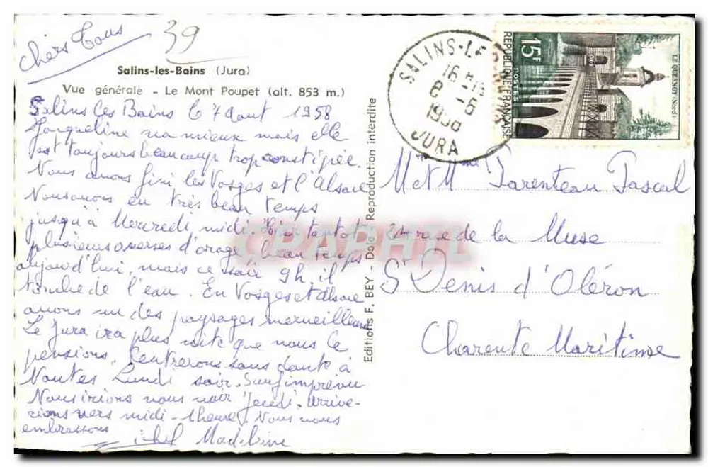 Salins-les-Bains — Allgemeine Ansicht — Mont Poupét (Höhe 853 m.) — Editions F. BEY - Rückseite