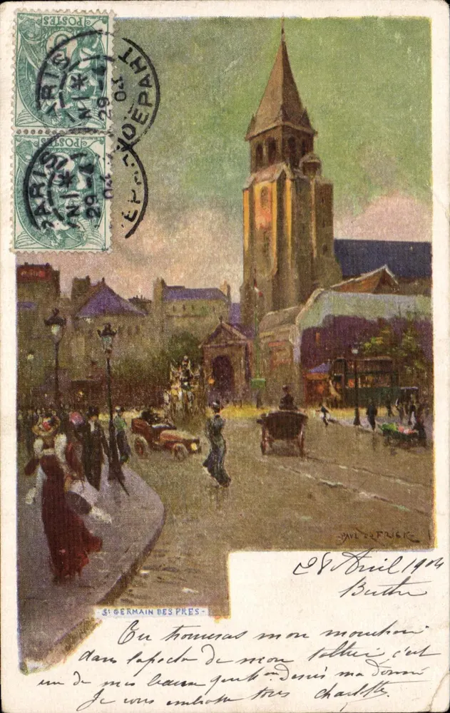 Église Saint-Germain-des-Prés — vue de la place avec véhicules et piétons — éditeur S. GERMAIN DES PRÉS - Frente