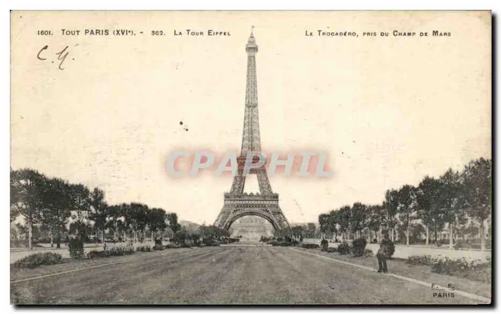 Eiffelturm — Ansicht des Trocadéro, aufgenommen vom Champ de Mars — F. B. PARIS - Vorderseite