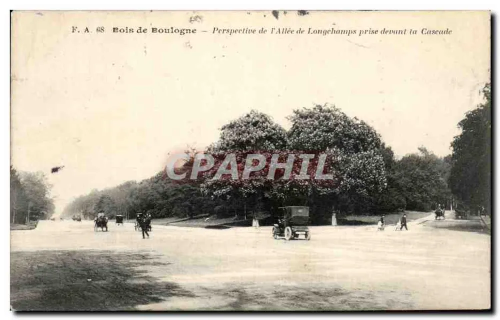 Bois de Boulogne — Perspektive der Allée de Longchamps vor der Cascade — F. A. 68 - Vorderseite