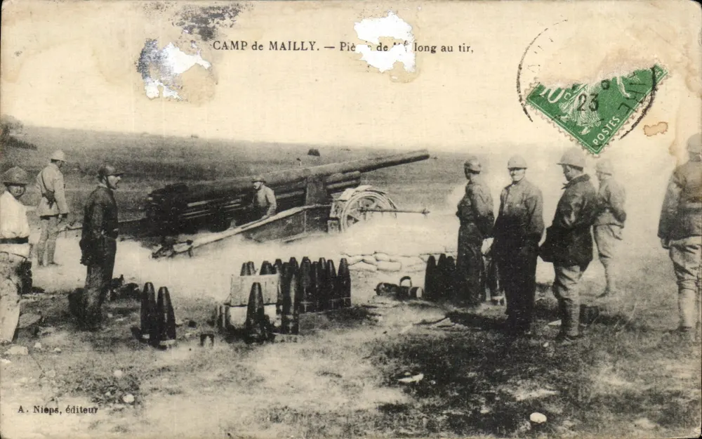 Camp de Mailly — Pièce de 155 mm au tir — A. Nieps, éditeur - Frente