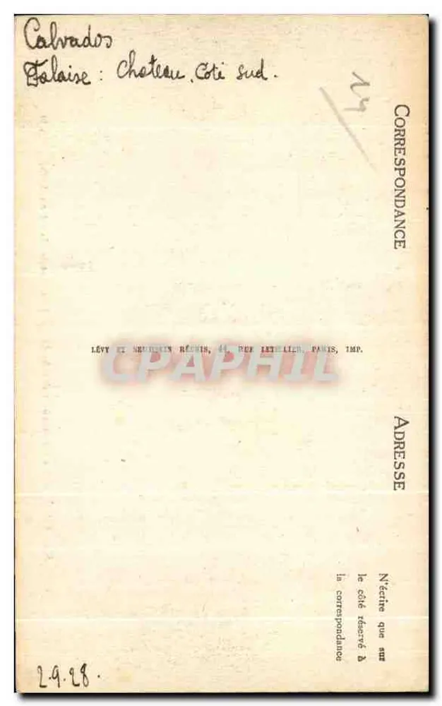 Falaïse — Schloss (Südseite) — Lévy et Schutzen Réchis, 44, rue Latellier, Paris, Imp. - Rückseite