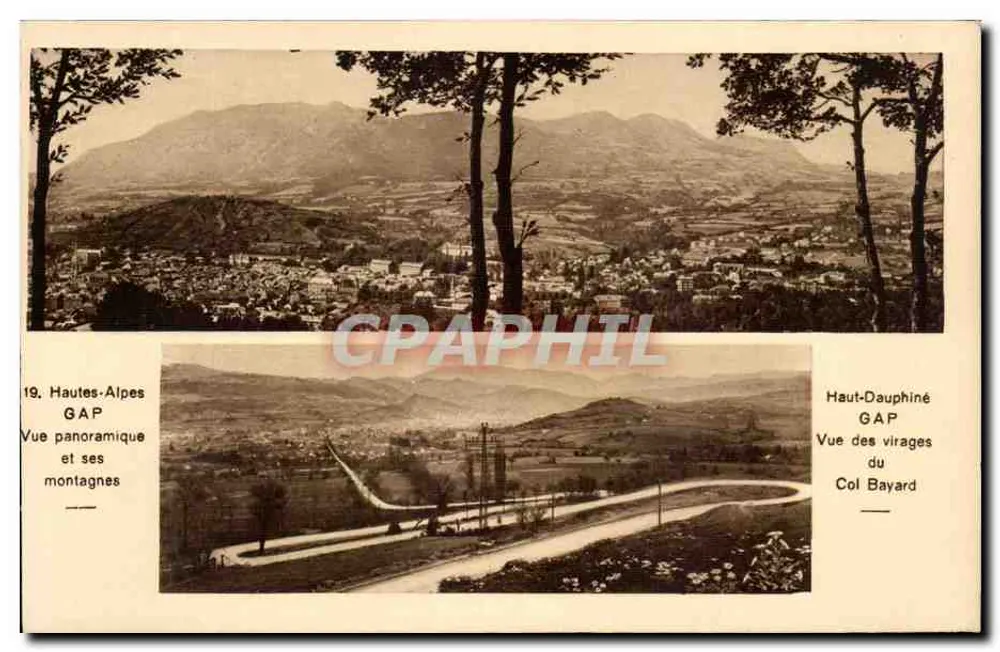 Hautes-Alpes — Panoramablick auf Gap und seine Berge — Blick auf die Kurven des Col Bayard — Verlag A. Mollaret, Grenoble - Vorderseite