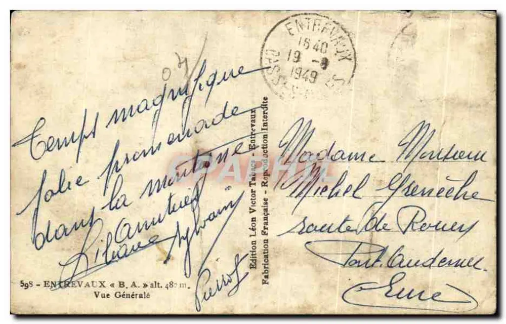 Entrevaux — Vue Générale — Édition Léon Victor Taine - Verso