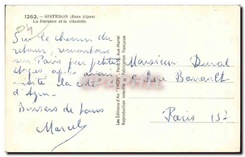 Sisteron (Basses-Alpes) — Ansicht der Durance und der Zitadelle — Éditions d'Art 'YVON', Paris - Rückseite