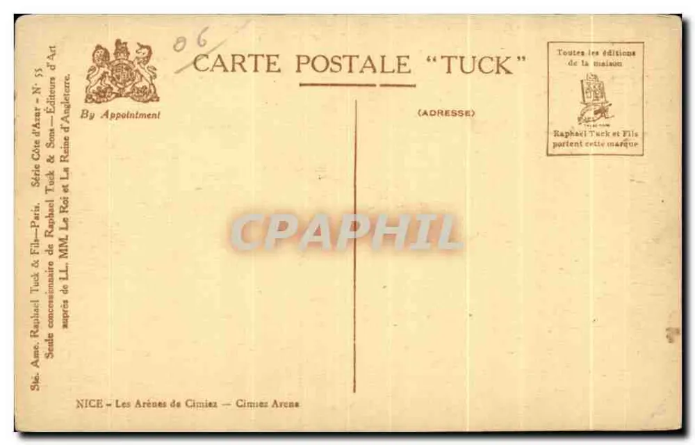 Die Arenen von Cimiez — Nice — Serie Côte d'Azur, N° 55 — Éditions Raphael Tuck & Fils - Rückseite