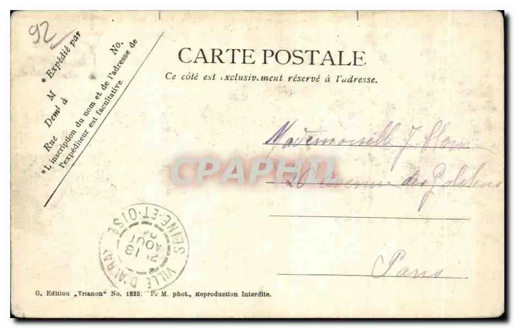 Park St. Cloud-Garches — Allée der Marnes, Rasenfläche Combleval und das Haus des Piqueur — G. Edition "Triannon" Nr. 1825 - Rückseite