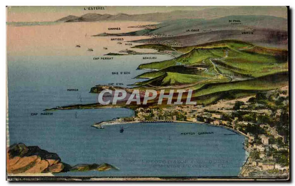 Vista aérea da Costa Azul — Cannes, Nice, Mônaco, Menton — editor Lévy et Neubrach, Paris - Frente