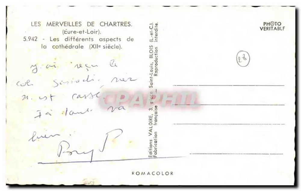 Chartres — As maravilhas de Chartres — Editor: Edições Valoiré, n° 5.942 - Verso